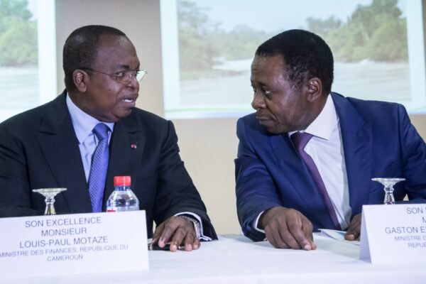 From left to right, Finance Minister Louis Paul Motaze and Water Minister Gaston Eloundou